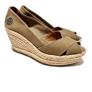 Tory Burch Filipa Olive Canvas Espadrille Wedge Sandals